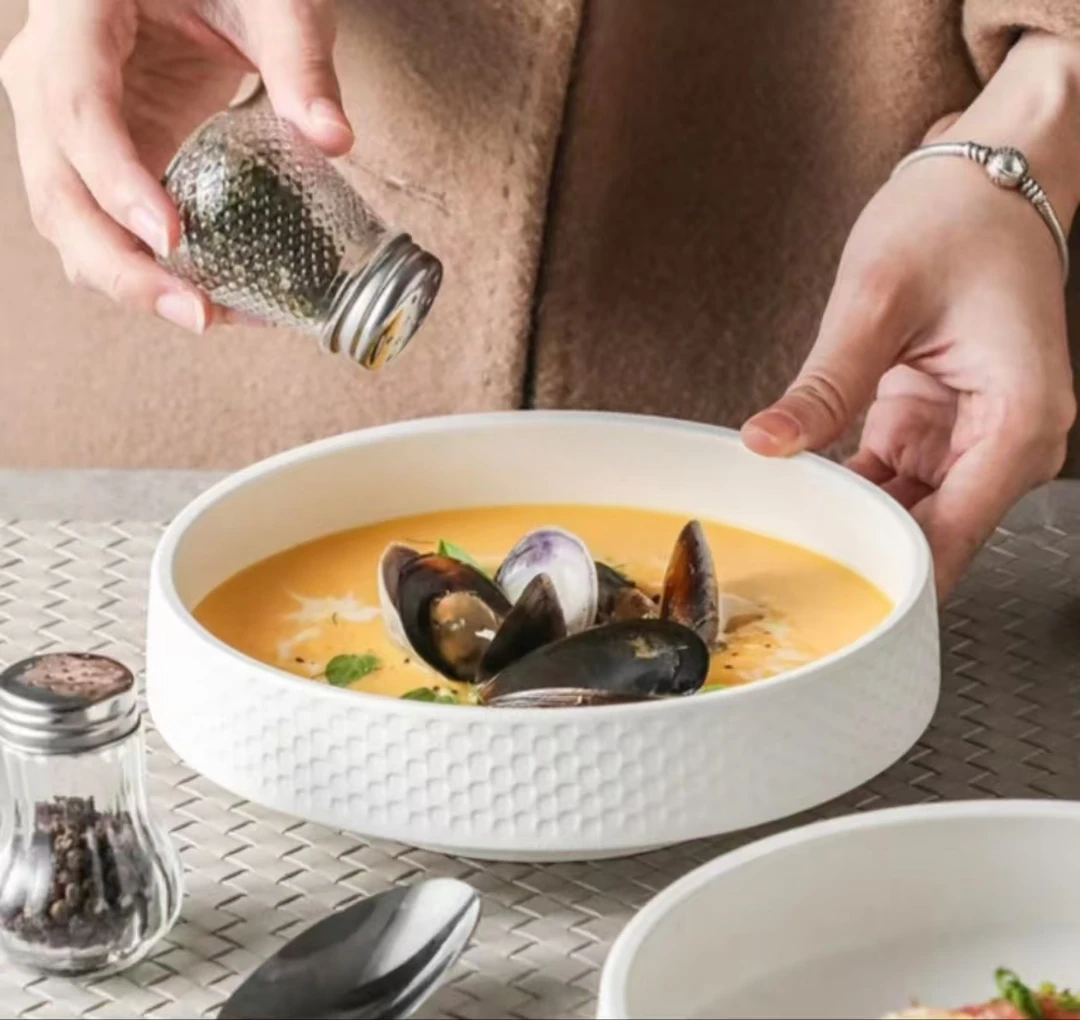 瓷县令7.5英寸锤目纹盘小蛮腰纯白创意釉下彩陶瓷餐具轻奢2只装