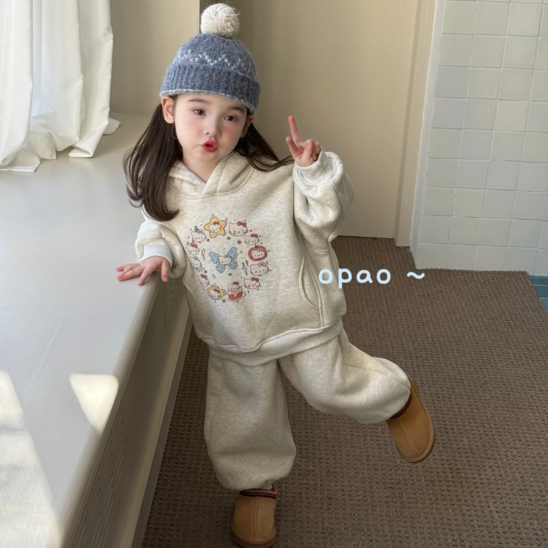 Opao 25秋冬女童韩版卡通加绒连帽卫衣套装8825 粉色棉马甲8161