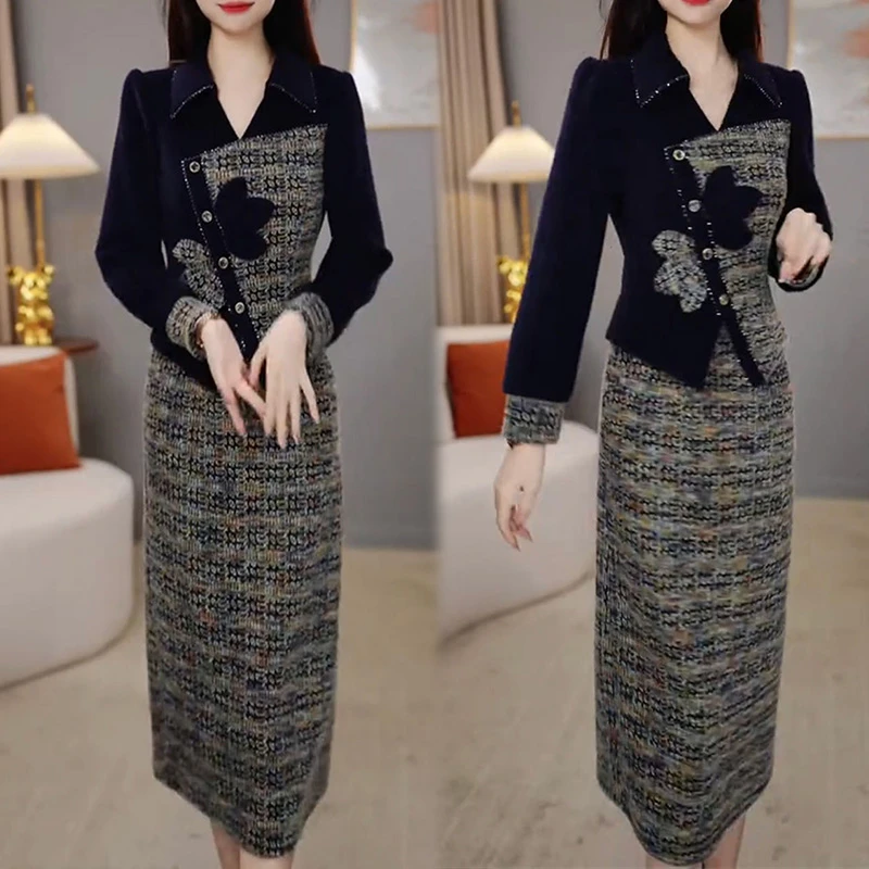 高级气质小香风套装女2025秋冬新款修身显瘦减龄上衣裙子两件套潮