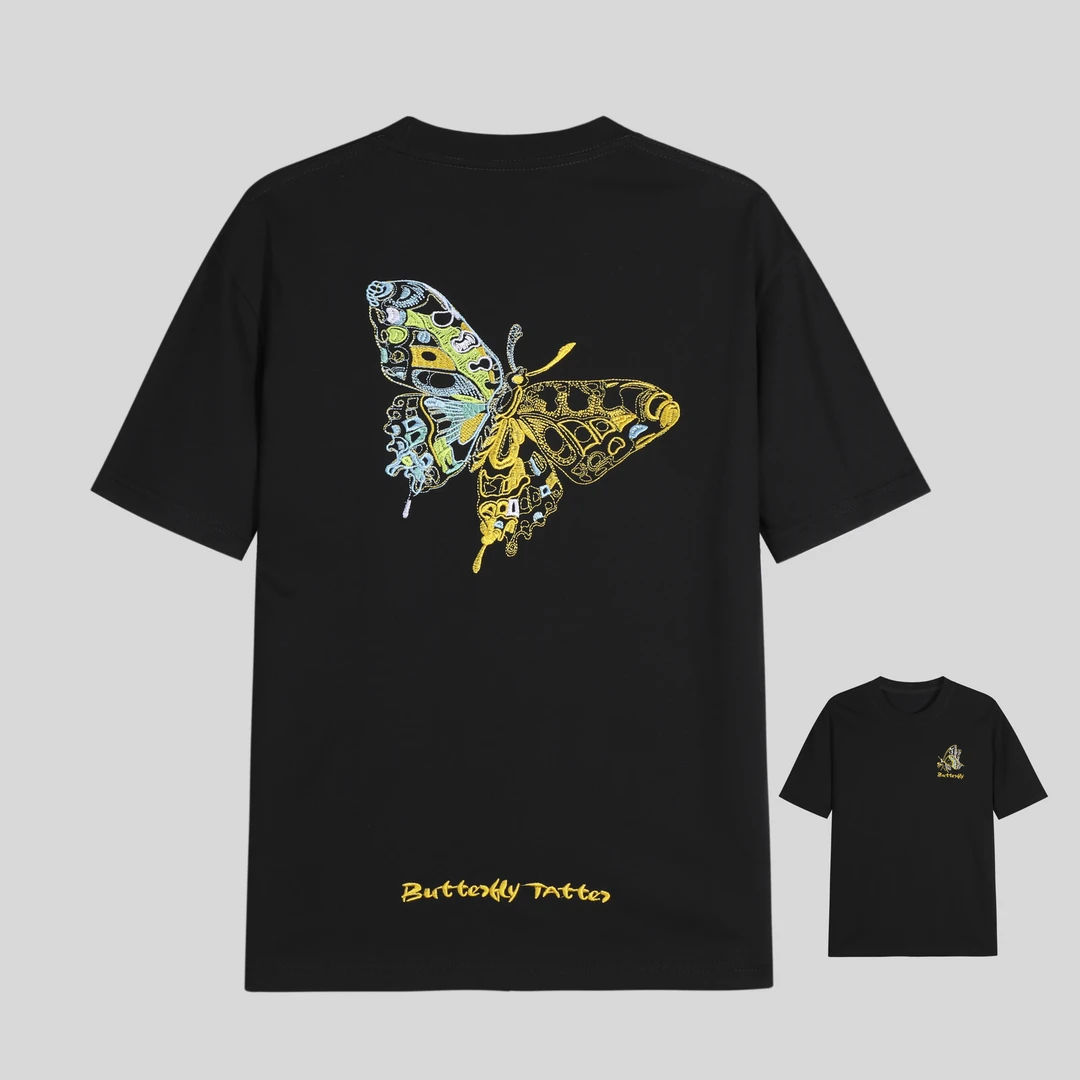 【花1】春夏季百搭夏季短袖国风经典蝴蝶刺绣T恤 y225