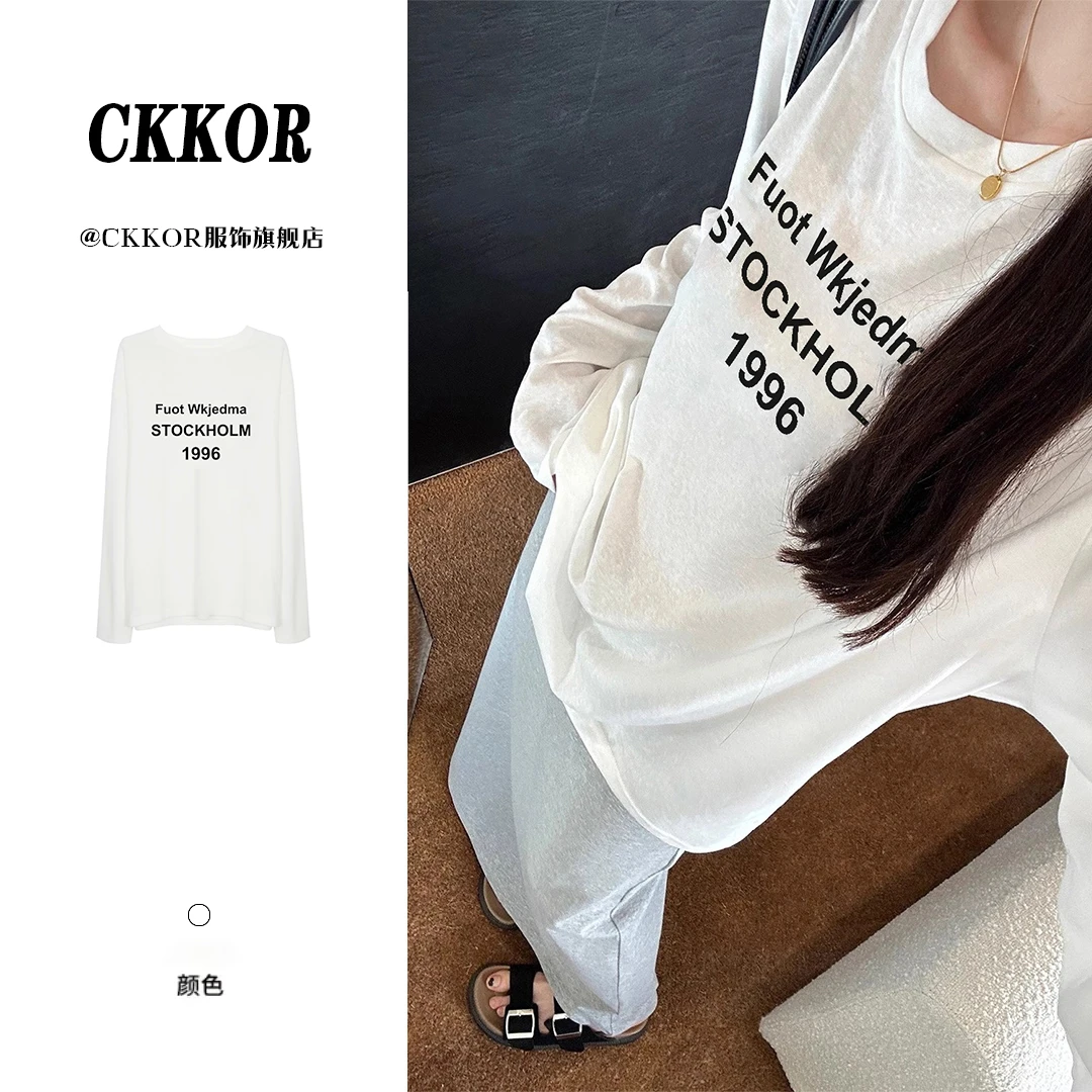 CKKOR美式字母印花长袖罩衫夏季新款韩版时尚百搭宽松慵懒风t恤女
