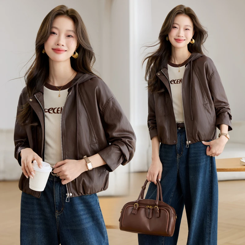 休闲时尚针织连帽皮衣外套女2025春秋新款设计感宽松减龄短款上衣