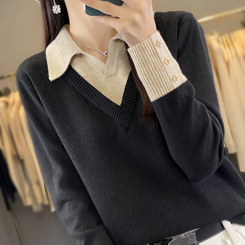 鄂尔斯市纯100羊毛衫大码女装秋冬黑色毛衣假两件翻领羊绒打底衫