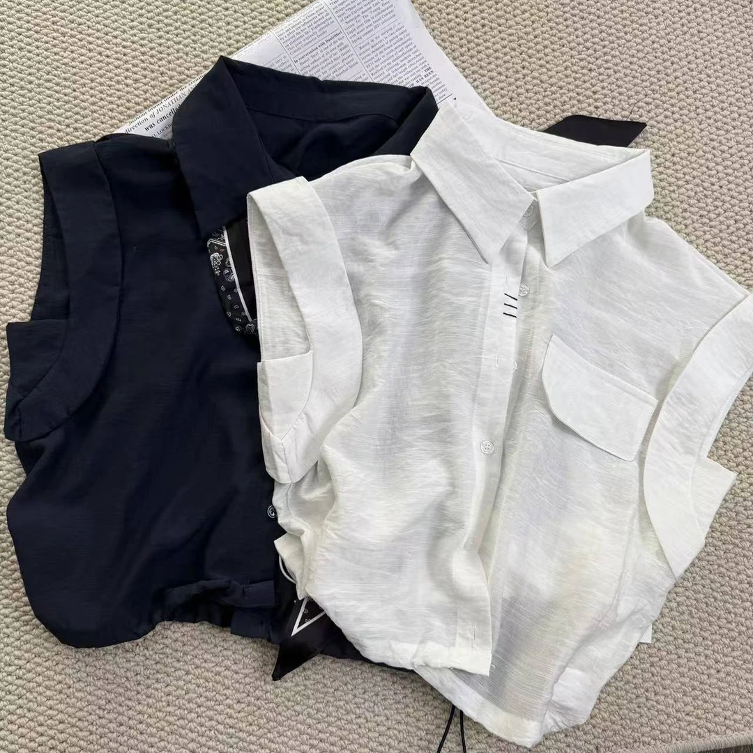 夏季新款百搭显瘦翻领短袖丝巾+衬衫上衣8866