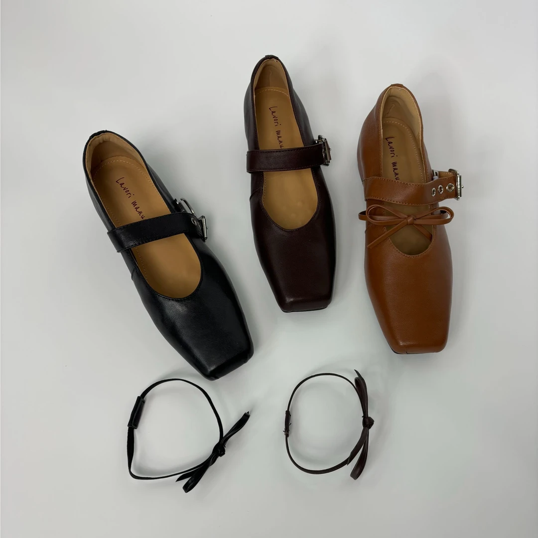【雨尽逢春】3.5CM春季百搭真皮复古蝴蝶结方头一字带玛丽珍单鞋