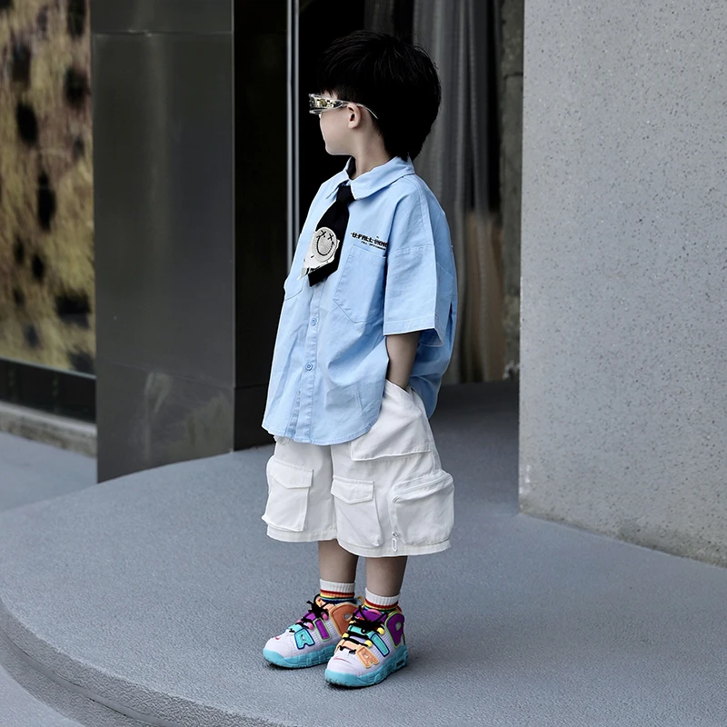 【现货】Jimmy妈童装 海盐少年 夏季新款儿童前后印花蓝色短袖衬衫