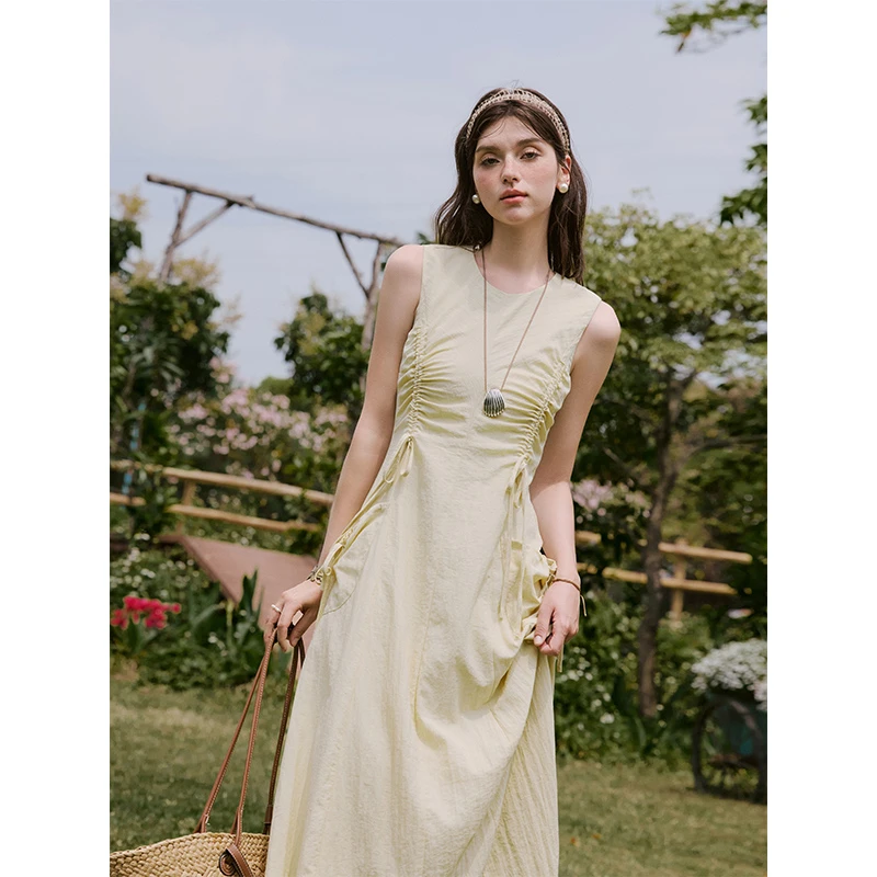 谜秀新品黄色无袖连衣裙女口袋显瘦夏薄款长裙夏季