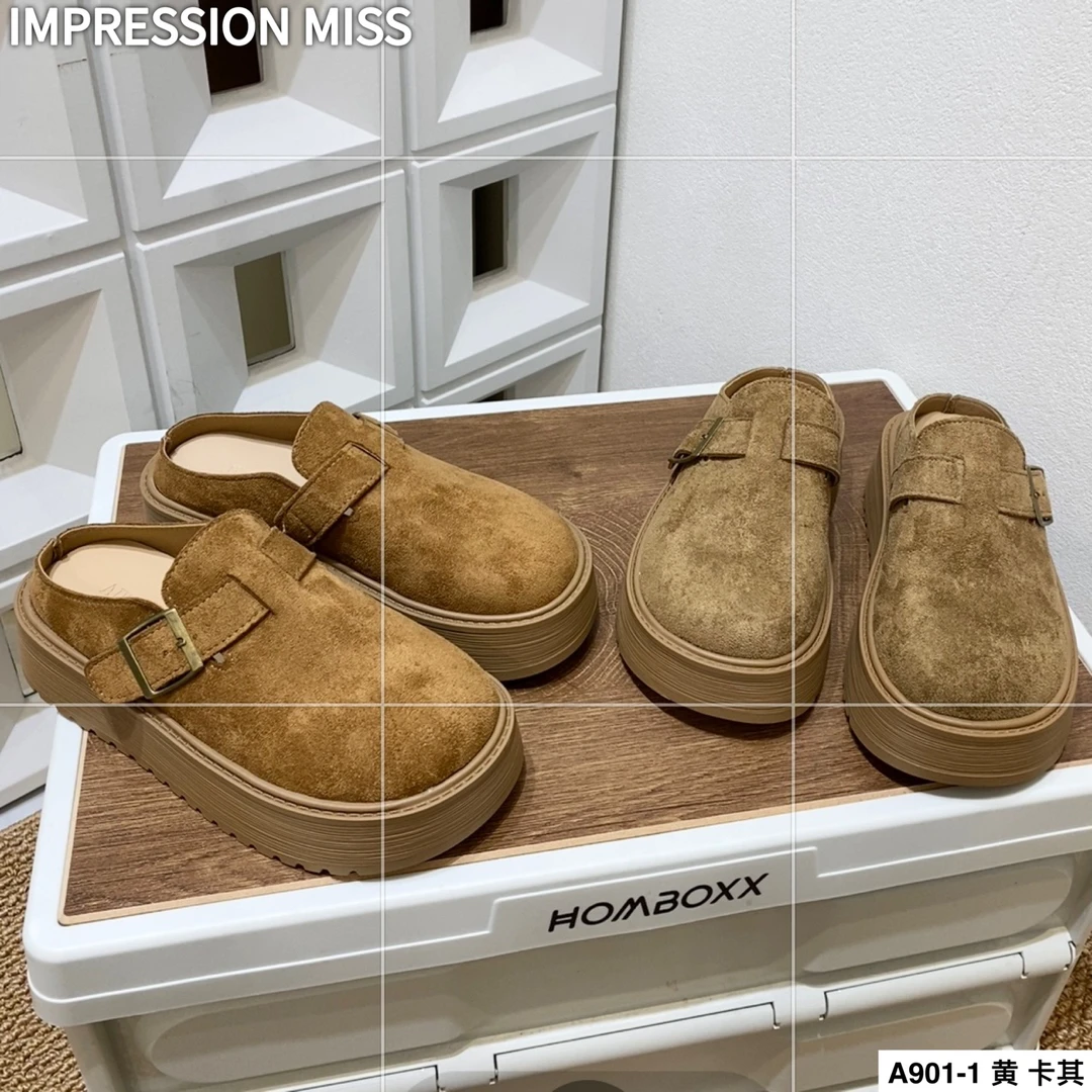 （A901-1）韩系百搭2025秋新款厚底勃肯鞋包头半拖鞋 跟高4公分