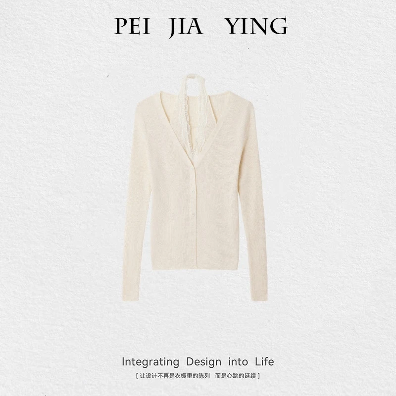 女装法式蕾丝边拼接V领针织打底衫女气质修身显瘦长袖内搭上衣