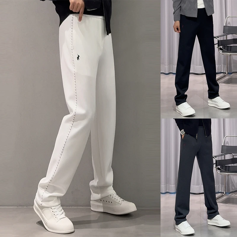 春秋季高品质男士休闲裤欧货条纹织带宽松直筒裤潮流百搭垂感长裤