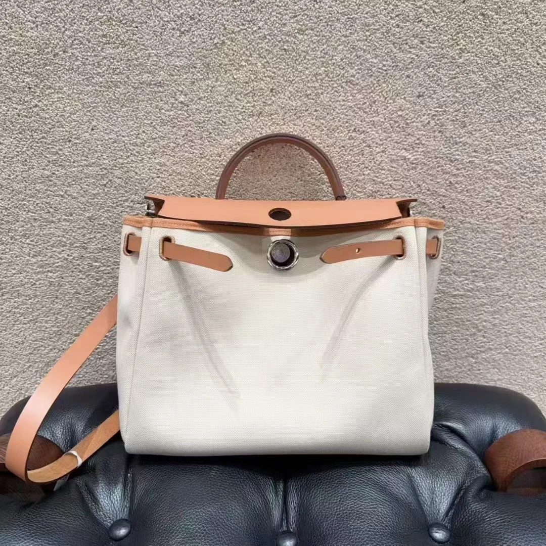 99新 Hermes/爱马仕 herbag 31 米色拼棕色 帆布拼皮内缝 B刻！