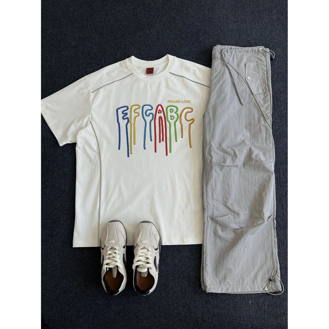 100%纯棉潮牌复古风反光条设计短袖t恤男女夏季新款宽松百搭上衣