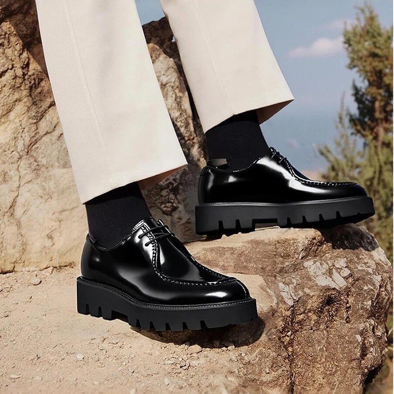 明星同款英伦潮流商务休闲皮鞋新郎结婚亮面头层牛皮厚底增高男鞋