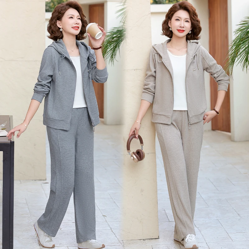 F35 妈妈装春秋款时尚休闲运动套装中老年女装松紧腰连帽两件套