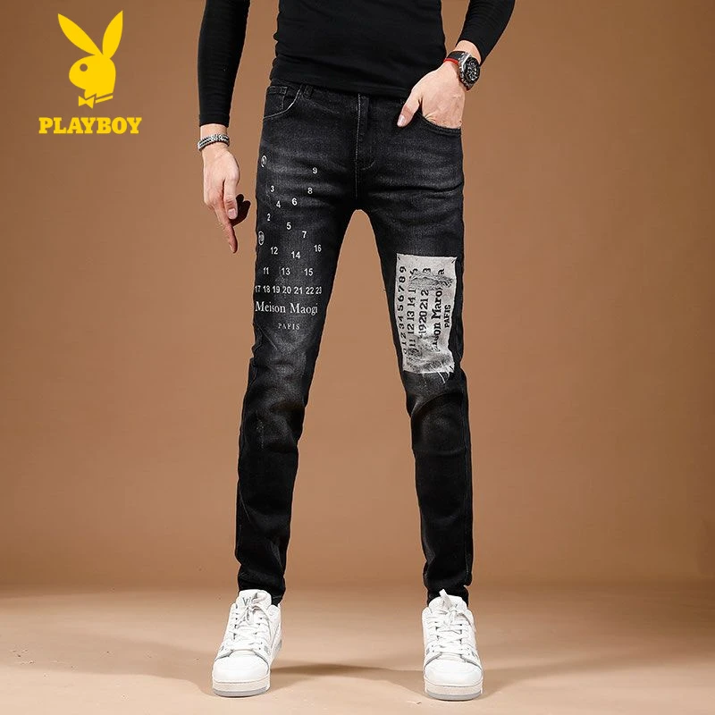 花花公子2025春秋款欧洲站高端牛仔裤男款修身印花补丁小众设计