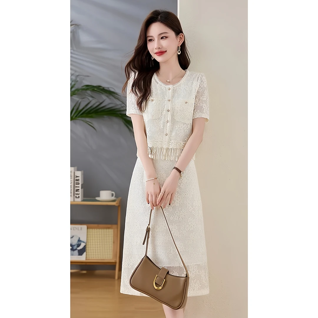 【衣诗恋】连衣裙蕾丝假两件收腰镂空高品质法式气质时尚