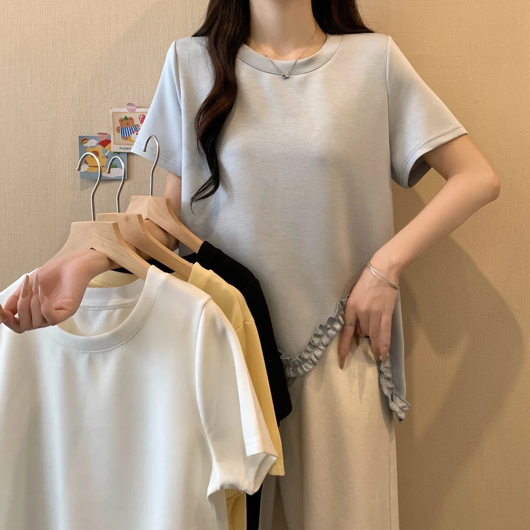 2025夏季大码女装新款下摆不规则圆领正肩T恤上衣春游出行衣服潮