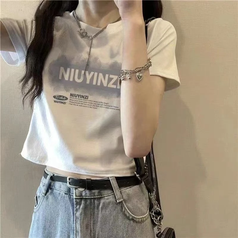 美式复古bm风字母印花短袖t恤女韩版修身显瘦甜美正肩短款上衣ins