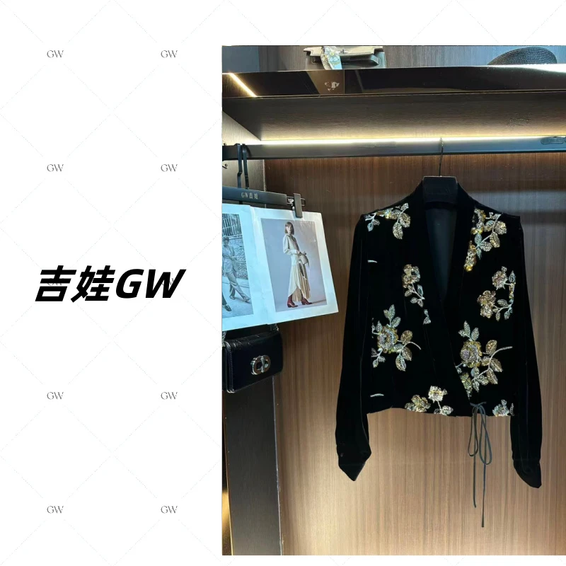 GW桑蚕丝新款手工钉珠气质百搭时尚显瘦丝绒上衣开衫外套25c-126