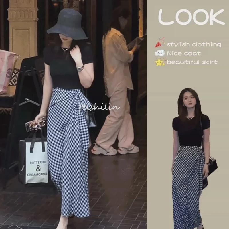 韩版冷淡系高级两件套女装2025夏季新款时尚短袖上衣气质格子半裙