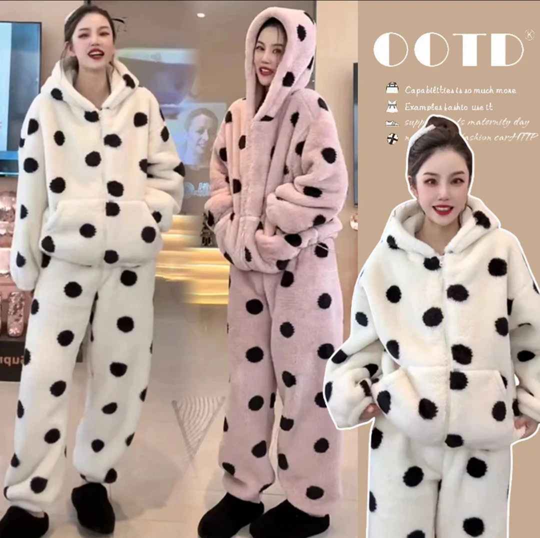 【原版1300g】连帽冬季外穿时尚波点加绒加厚天鹅绒睡衣家居服套装