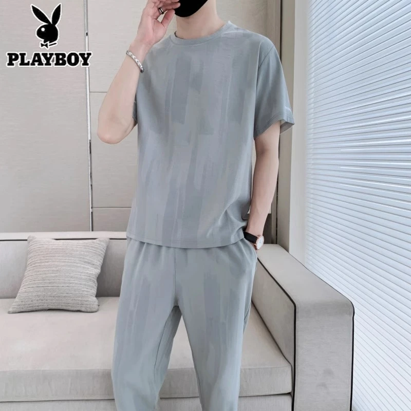 夏季运动套装男士短袖T恤2025新款冰丝长裤搭配帅气休闲一套男装