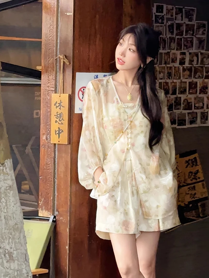 夏日繁花新中式国风薄款雪纺宽松时尚上衣+短裤清冷系禅意衣服女