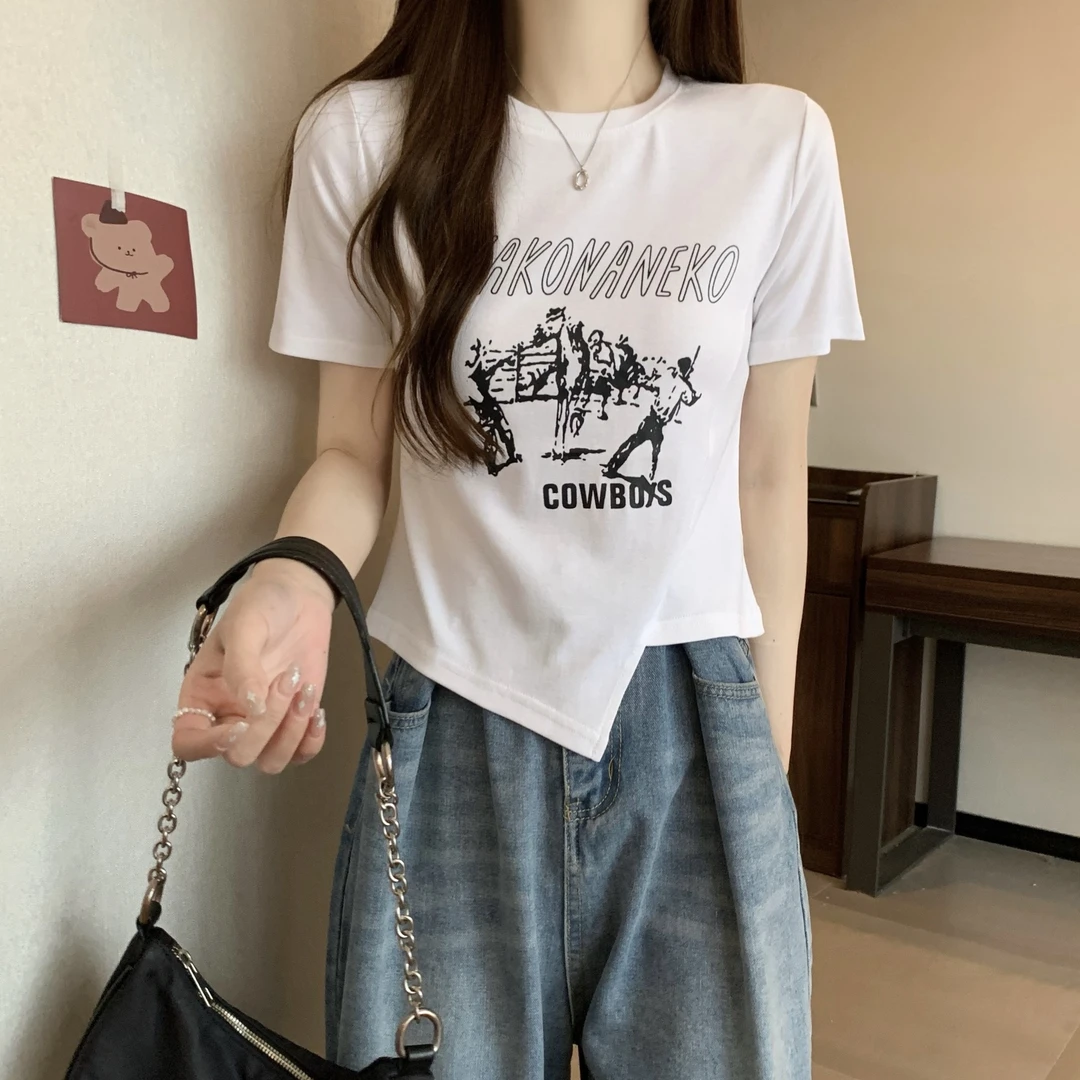 美式正肩短袖t恤女2025新款夏季设计感印花圆领套头显瘦百搭上衣