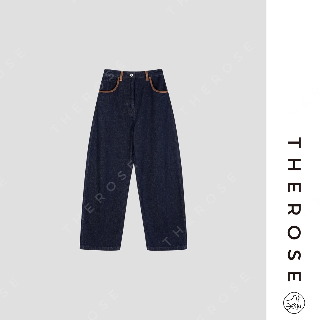 之柔【橙风破浪】进口时尚直筒挺括牛仔裤撞色麂皮包边阔腿休闲裤女