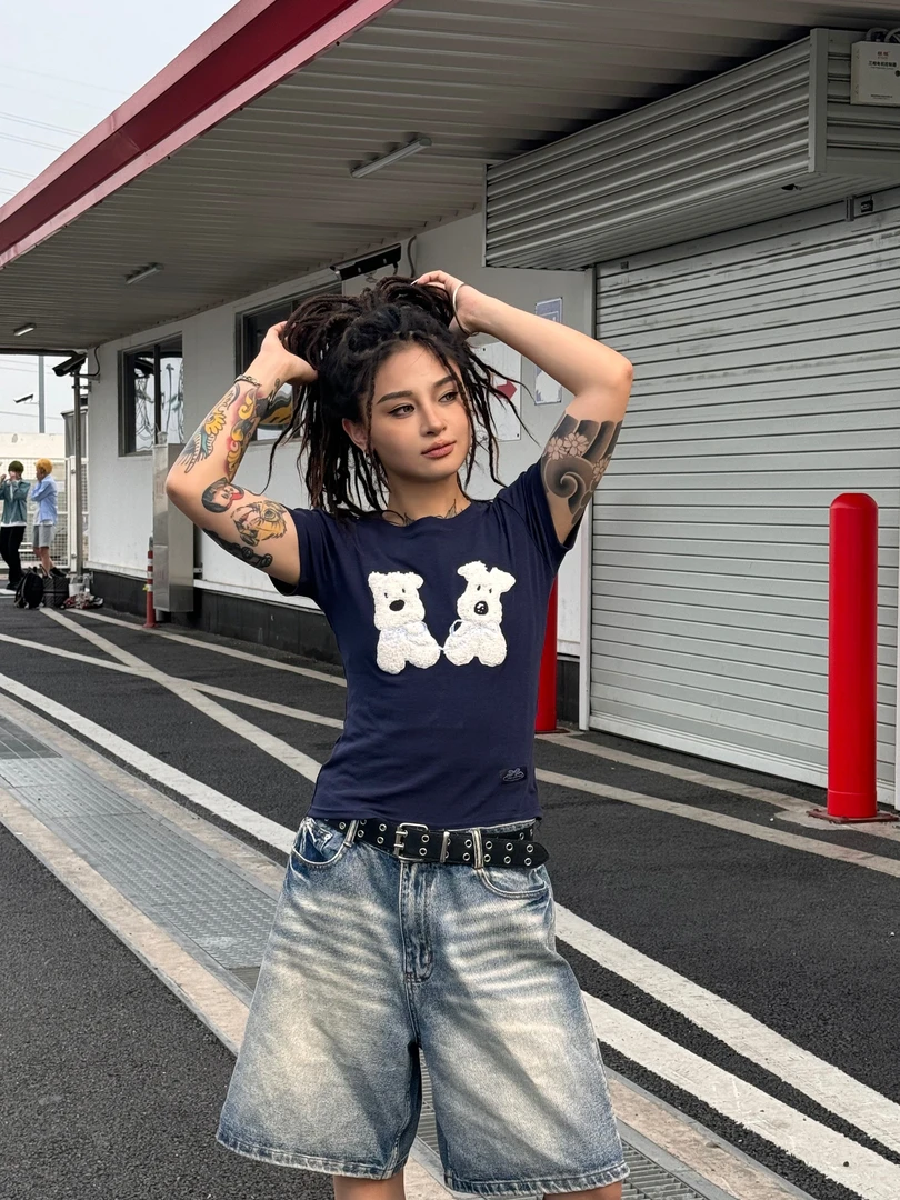 PSOBrand欧若风针织可爱贴布绣小狗宽松百搭t恤短袖夏季T恤