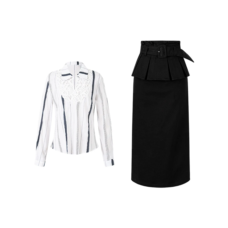 无艳一禾【布拉格】法式静奢100棉蕾丝衬衫+100棉磨毛半裙