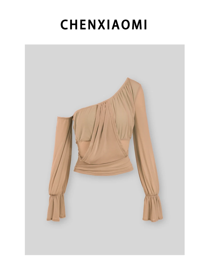 【蜜蜜家】薄荷曼波 欧美辣妹气质修身设计感斜肩长袖上衣 25/Z569