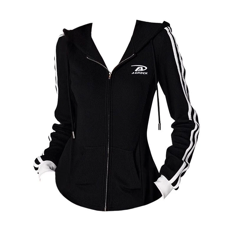 美式辣妹风条纹连帽卫衣外套女秋冬薄款修身显瘦拉链长袖上衣开衫