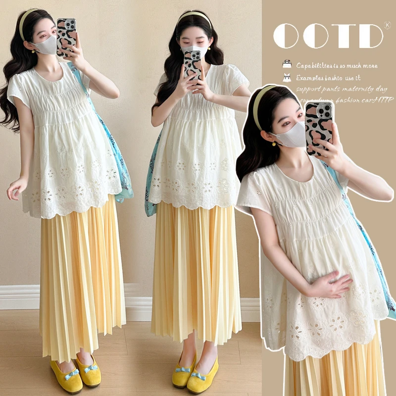 孕妇装夏装2025新款时尚款韩版蕾丝短袖上衣女宽松大码调节半身裙