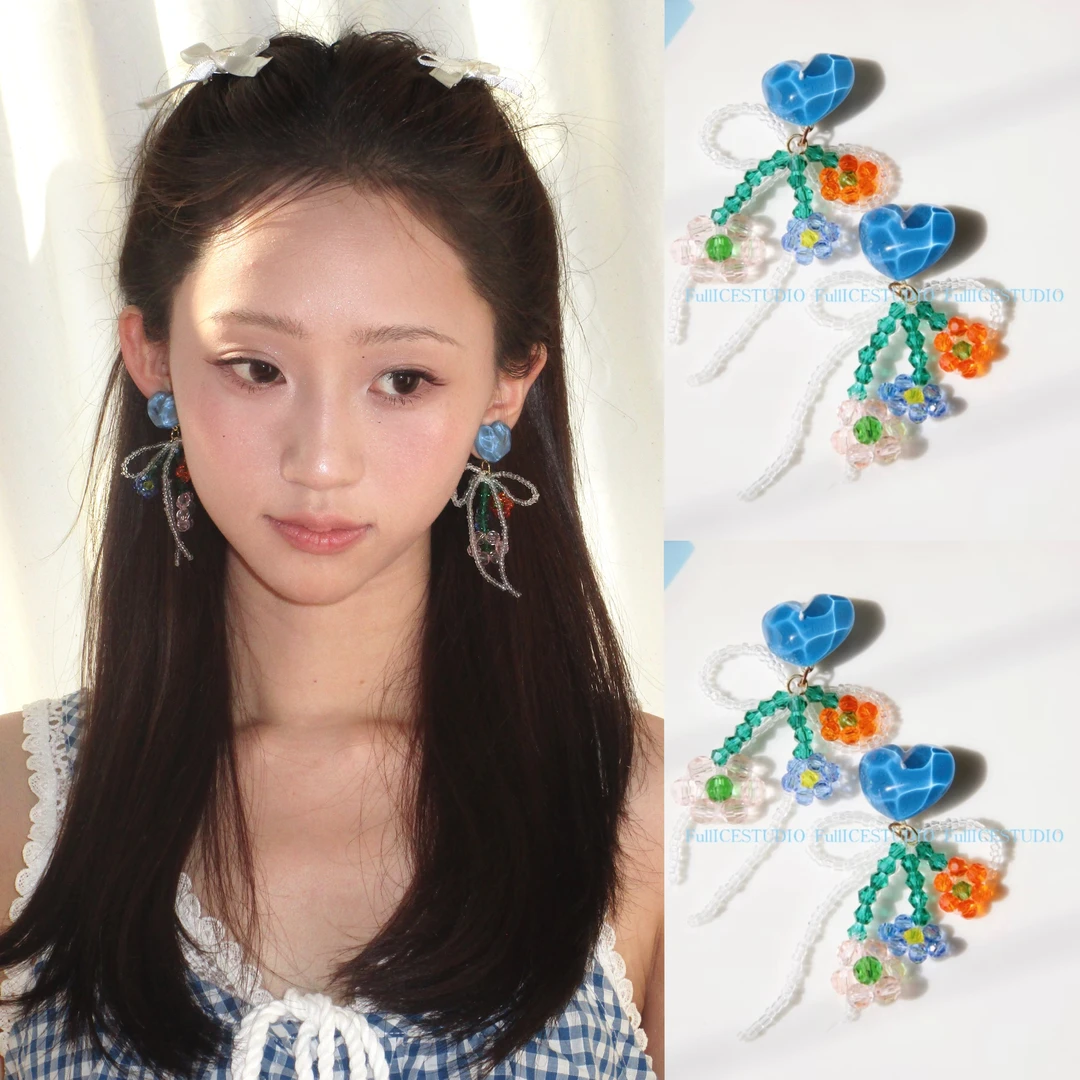 合金耳饰 FULLICESTUDIO蓝色爱心春夏甜美少女蝴蝶结花朵流苏耳环