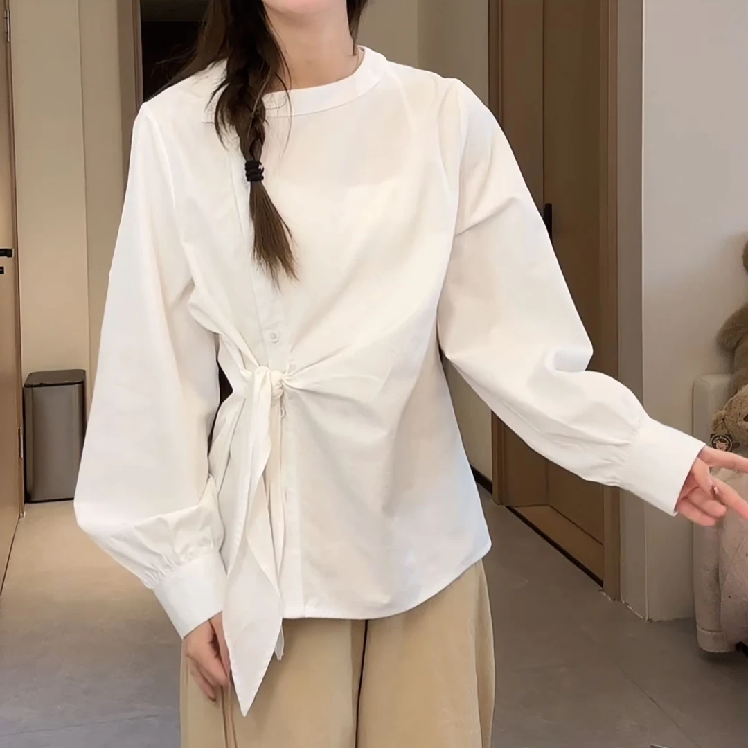 春夏新款不规则绑带衬衫女设计感宽松通勤圆领长袖衬衣LK2501525