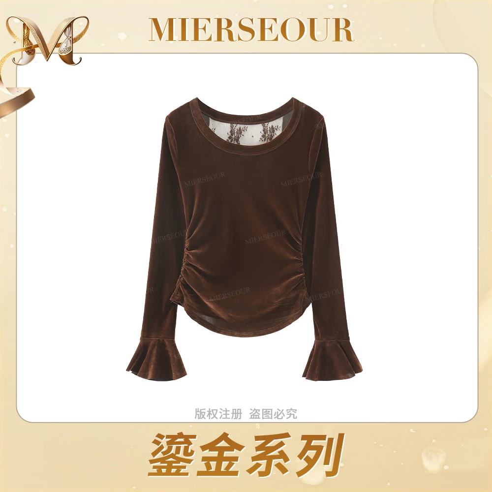 MIERSEOUR鎏金系列【朦胧美感】小心机后背蕾丝拼接修身T恤上衣7658