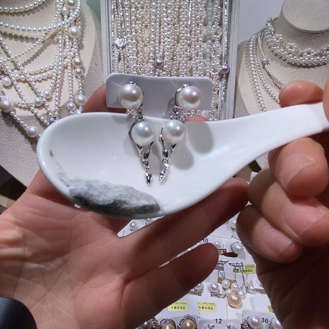 银S925镶嵌淡水珍珠耳饰极光双珠耳钉