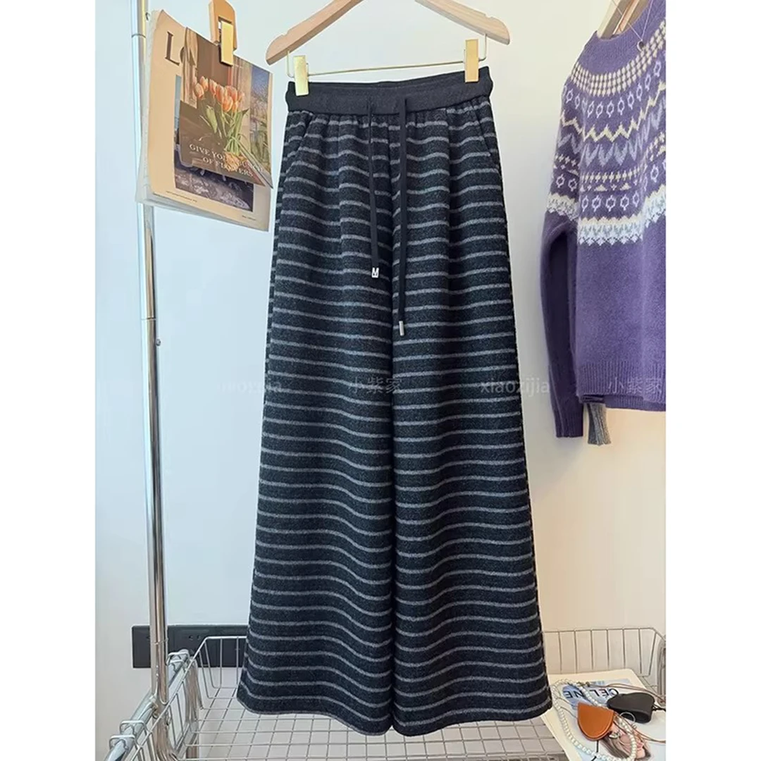 特大码300斤韩系慵懒条纹宽松显瘦加绒休闲裤女秋冬垂坠感阔腿裤