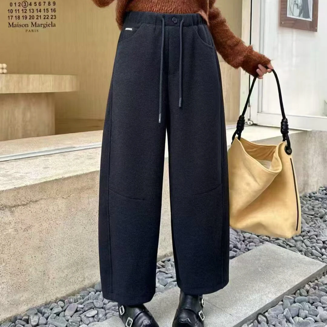 加绒加厚毛呢松紧腰宽松弯刀阔腿休闲保暖显瘦百搭裤