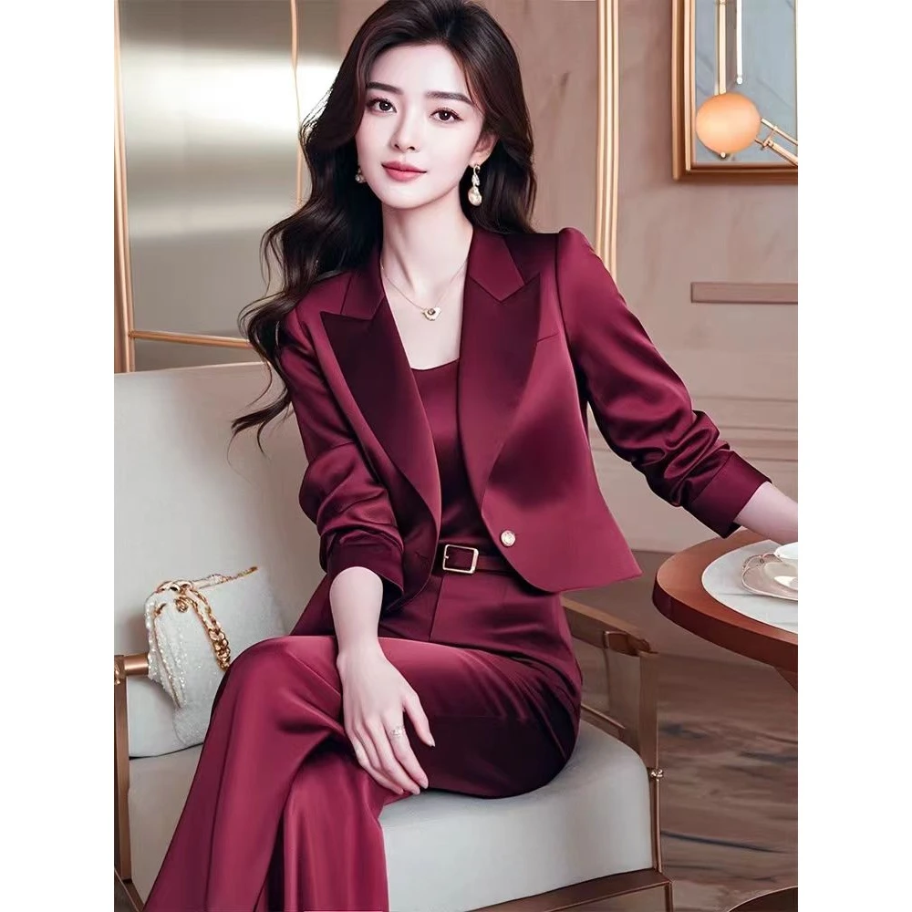 2025秋装搭配一整套气质女装高级感小香风酒红色西装裤子职业套装