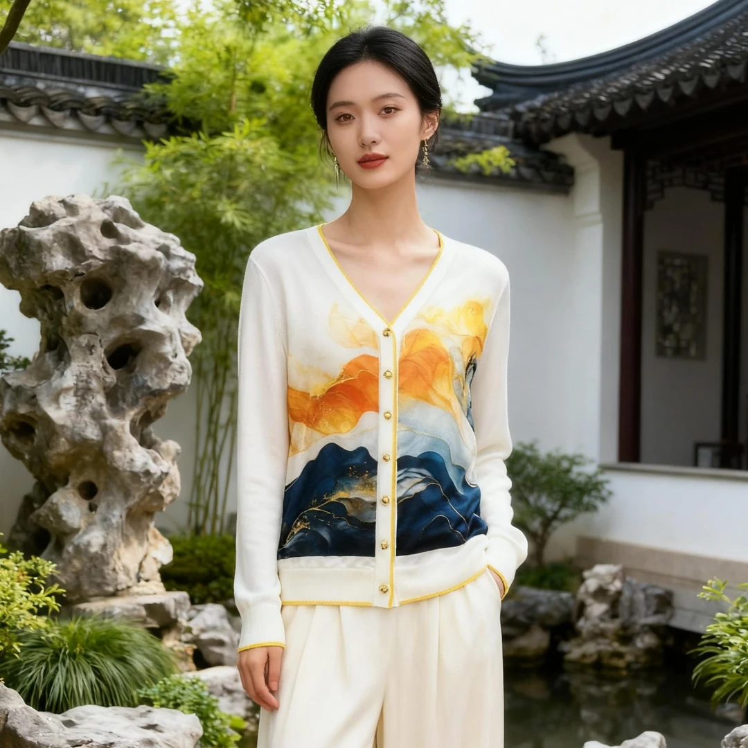 AW 25187 【流光晚霞】2025秋 桑蚕丝印花拼接绢丝开衫