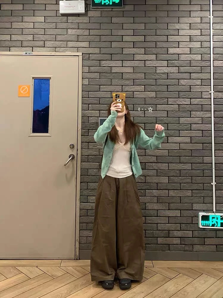 心动信号复古圆领百搭休闲纯色针织开衫女秋季外套绿色长袖毛衣