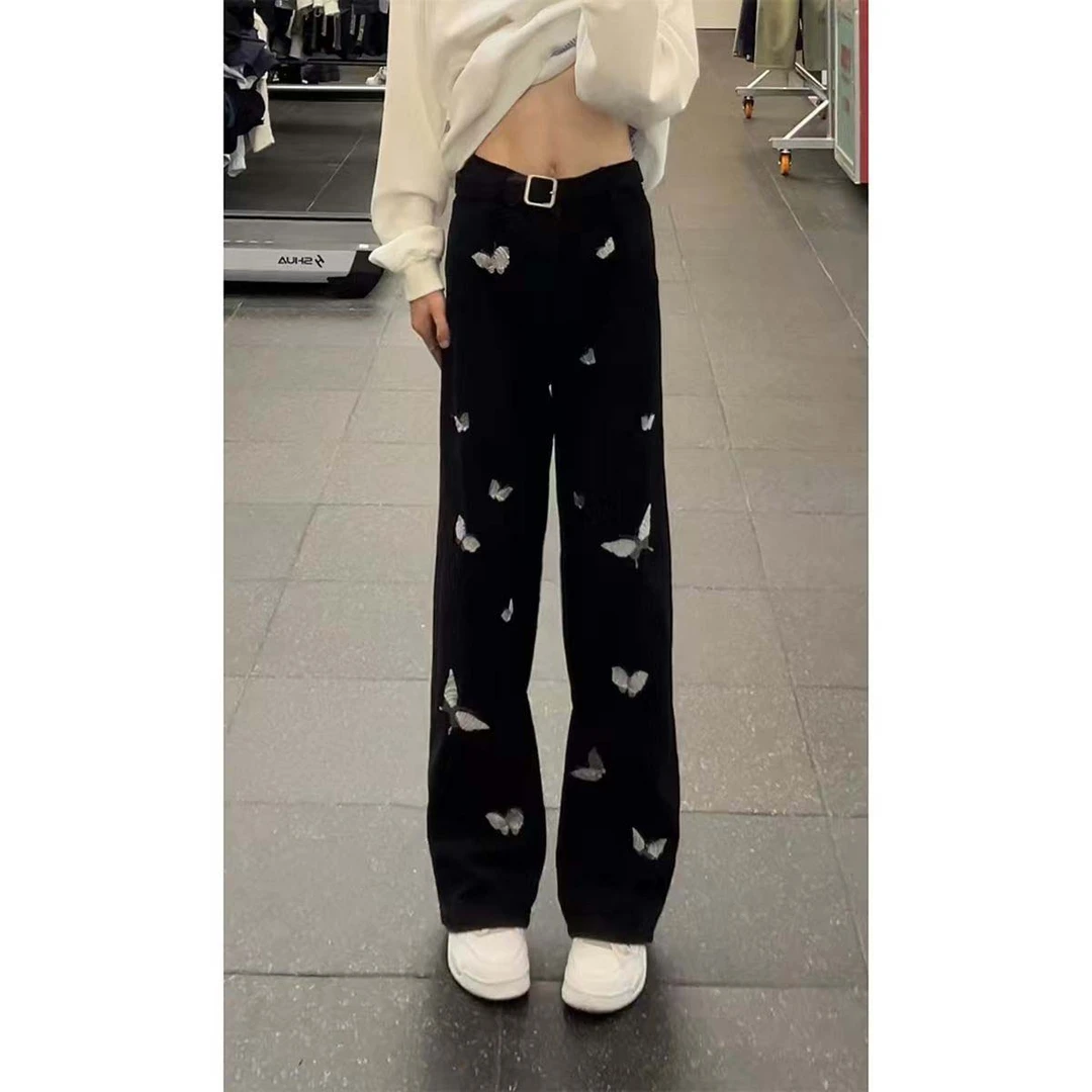 美式复古蝴蝶刺绣弯刀牛仔裤男女同款阔腿裤子黑色小众高级感长裤