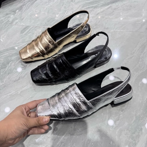 569头层包头矮跟凉鞋法式气质褶皱后空单鞋女鞋