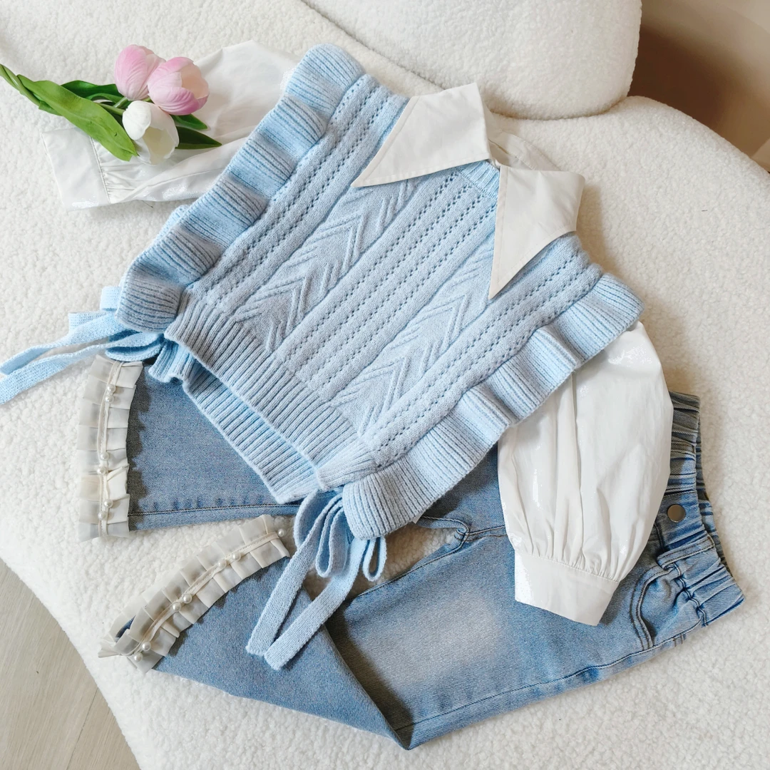 女童春秋款套装2024新款儿童装洋气中童毛线马甲衬衫牛仔裤套装