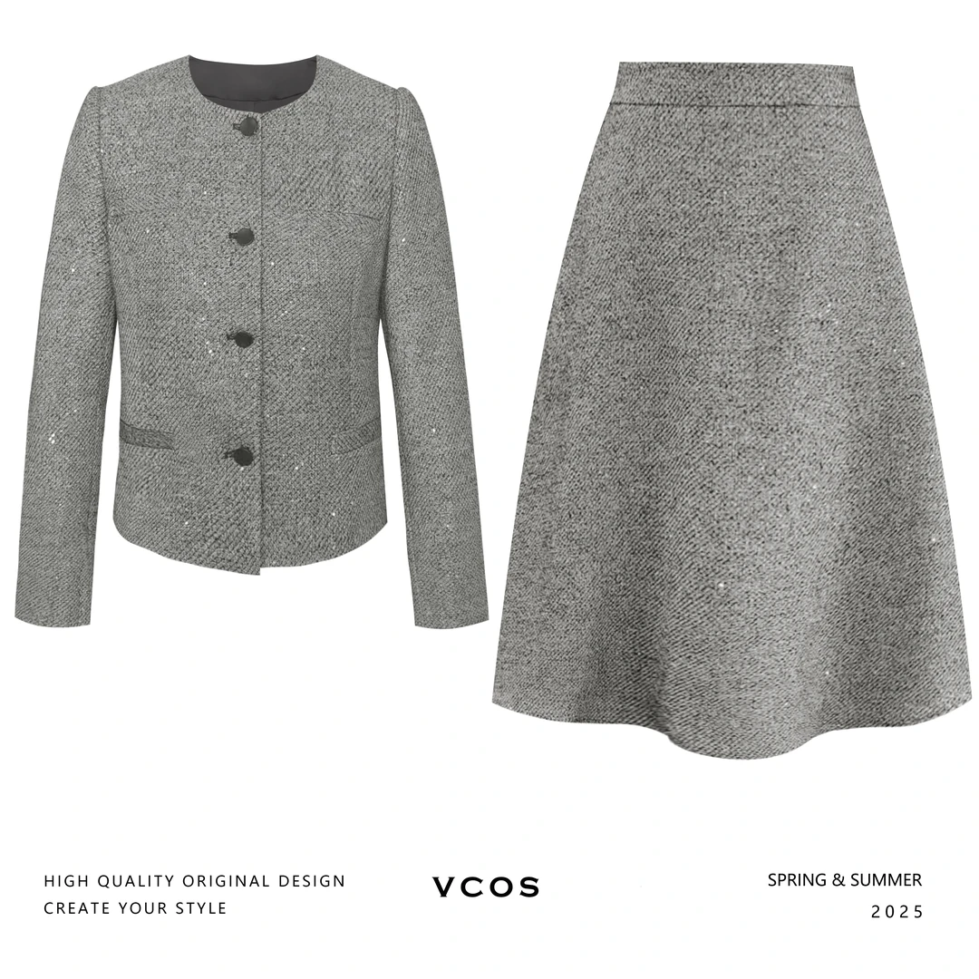 银灰色织精纺气质百搭小香套装