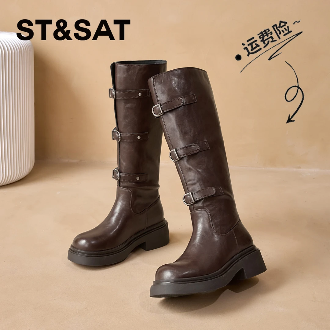 星期六修饰腿型软皮长筒靴女士2025秋冬新款大头皮扣不过膝时装靴