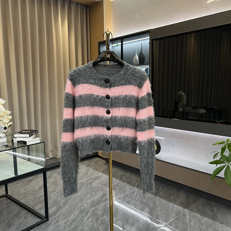秋冬保暖条纹时尚开衫短外套宽松显瘦针织上衣GK-604