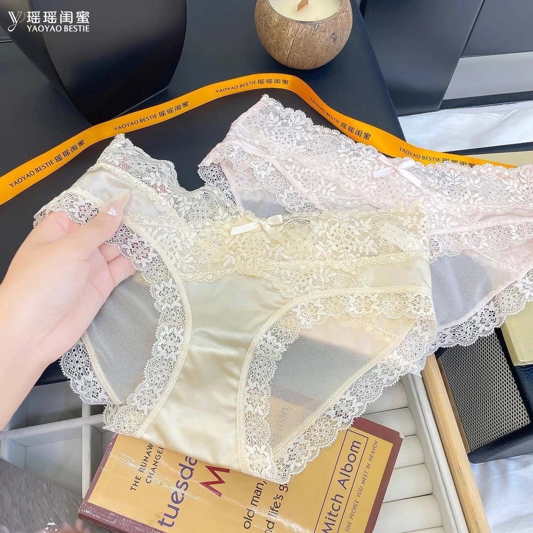 瑶瑶闺蜜刺绣蕾丝花边低腰内裤女性感夏季透明网纱女士三角裤头